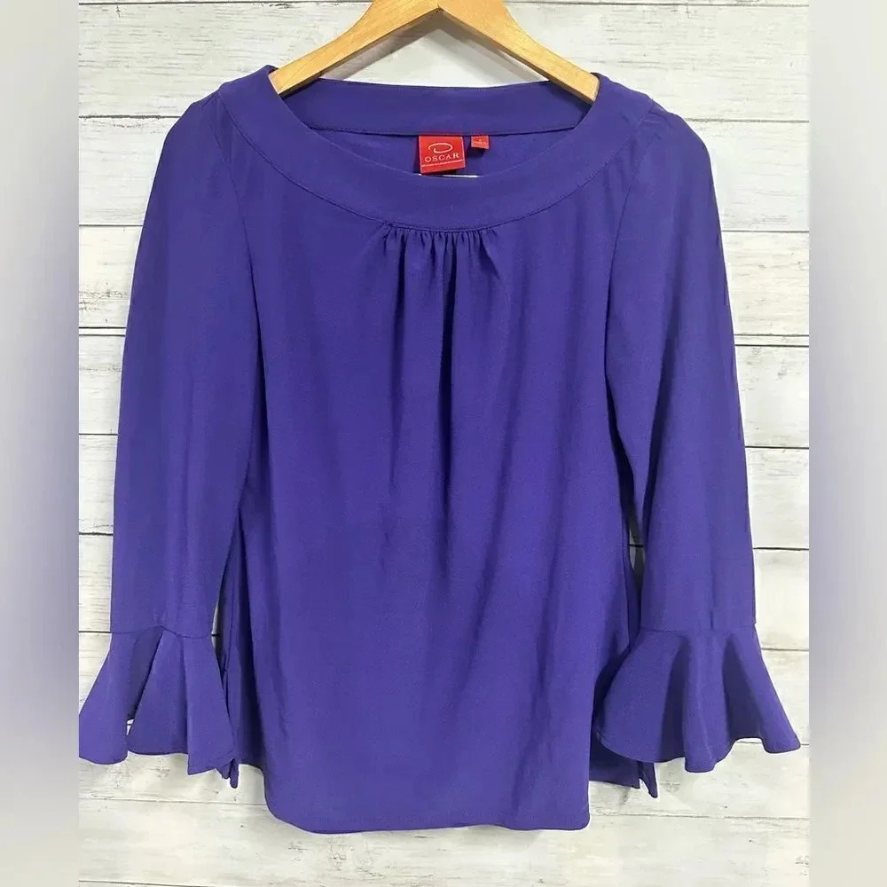 Oscar De La Renta Ruffled Bell Sleeve Purple Blouse